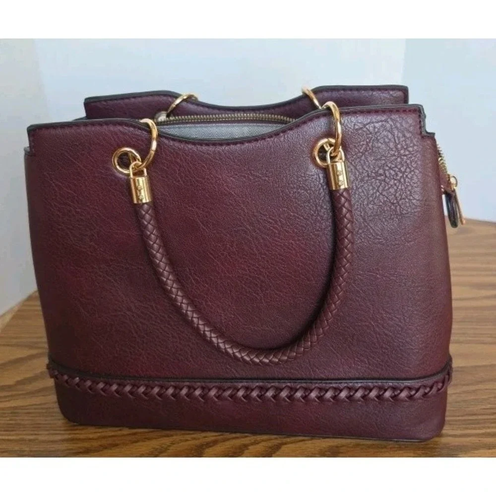 EUC Vegan Faux Leather Wine Red Oxblood Satchel  Purse Tote Braided Handle
